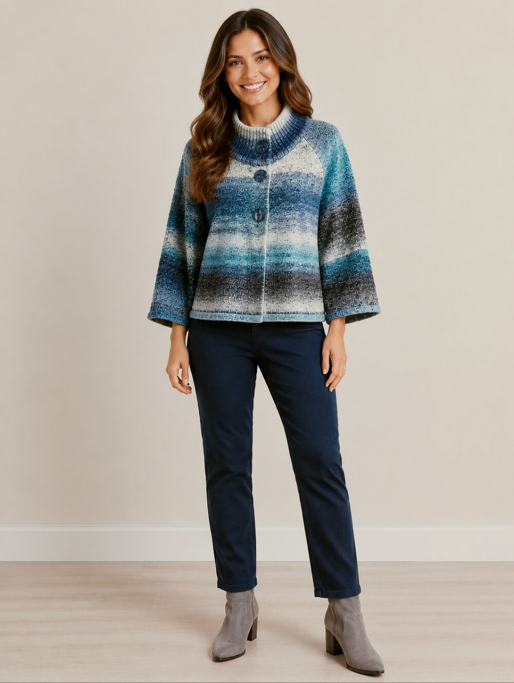 Croft & Barrow Cardigan w/3 Large Buttons, Shades of Ombre, Blue/Gray, Size XL